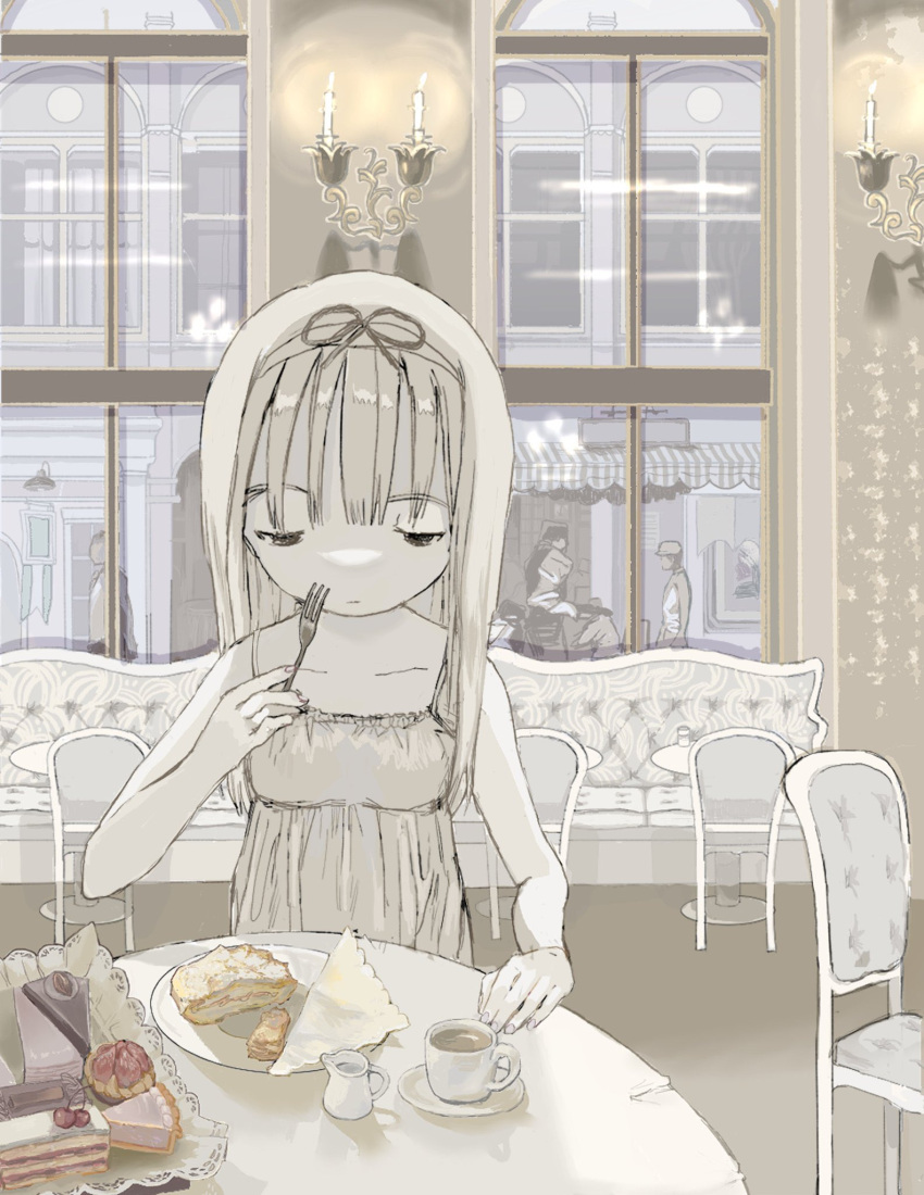 1girl cake camisole chair cheesecake cherry dessert food fork fruit half-closed_eyes highres holding holding_fork long_hair original plate shadow shiromomo_sofuto sleeveless solo_focus table white_camisole white_hair window