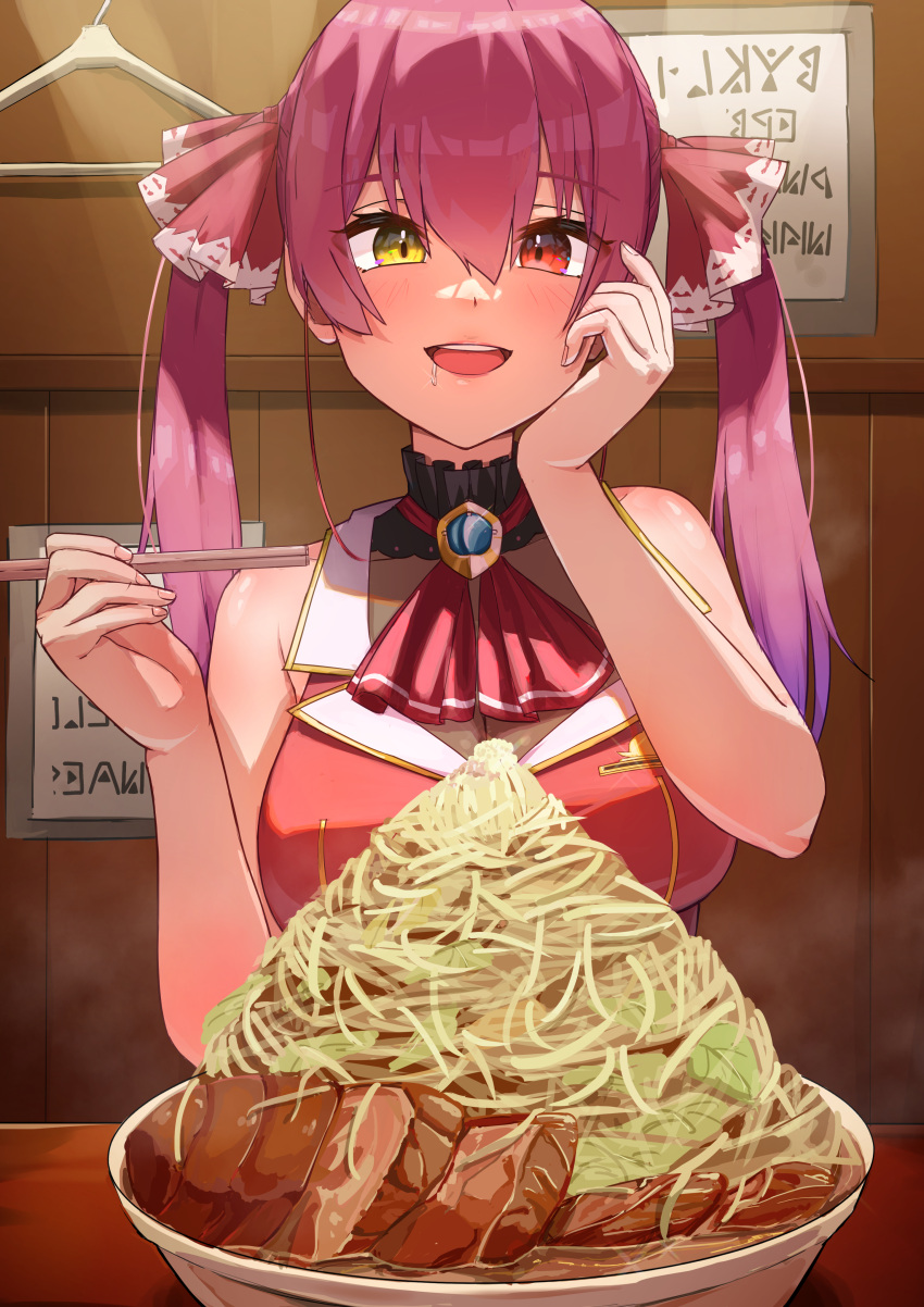 1girl :d absurdres ascot bowl breasts brooch chopsticks clothes_hanger commentary_request drooling food hand_up happy heterochromia highres holding holding_chopsticks hololive houshou_marine indoors jewelry jirou_(ramen) large_breasts long_hair looking_at_food meat noodles open_mouth oruru63100814 pov_across_table ramen red_ascot red_eyes red_hair restaurant saliva smile solo steam table twintails virtual_youtuber yellow_eyes