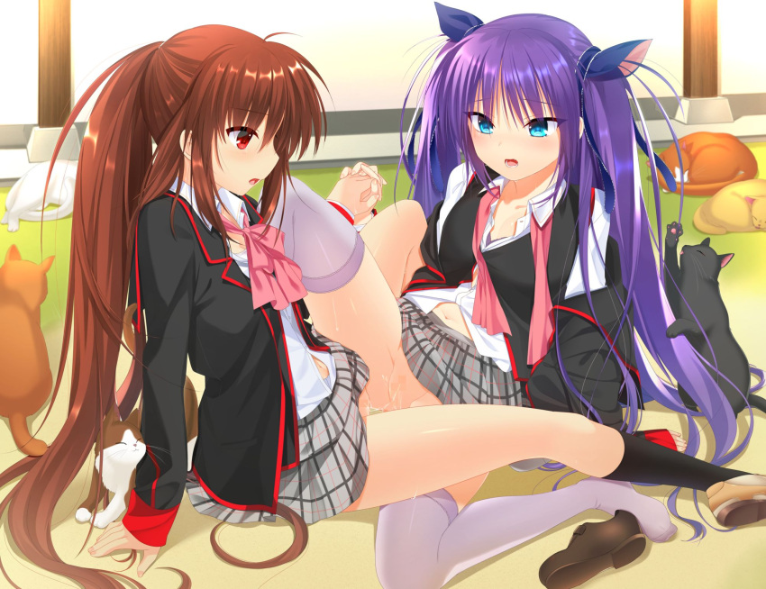 2girls arm_support aroused black_jacket black_socks blue_eyes blue_ribbon blush boots boots_removed breasts brown_footwear brown_hair cat censored cleavage collared_shirt commission day dress_shirt drooling eye_contact eyelashes eyes_visible_through_hair feet fingernails full_body grass grey_skirt groin hair_between_eyes hair_over_shoulder hair_ribbon highres holding_hands interlocked_fingers jacket leaning_back legs little_busters! loafers long_hair long_sleeves looking_at_another lower_teeth_only miniskirt mosaic_censoring mouth_drool multiple_girls natsume_rin navel no_panties off_shoulder open_clothes open_jacket open_mouth otou_(otou_san) outdoors pink_ribbon plaid plaid_skirt pleated_skirt ponytail profile purple_hair pussy pussy_juice pussy_juice_trail red_eyes ribbon sasasegawa_sasami school_uniform shiny_skin shirt shoes sidelocks sitting skeb_commission skirt small_breasts socks spread_legs sweat tears teeth thighhighs thighs too_many too_many_cats tribadism twintails undone_neck_ribbon variant_set very_long_hair white_shirt white_thighhighs yuri