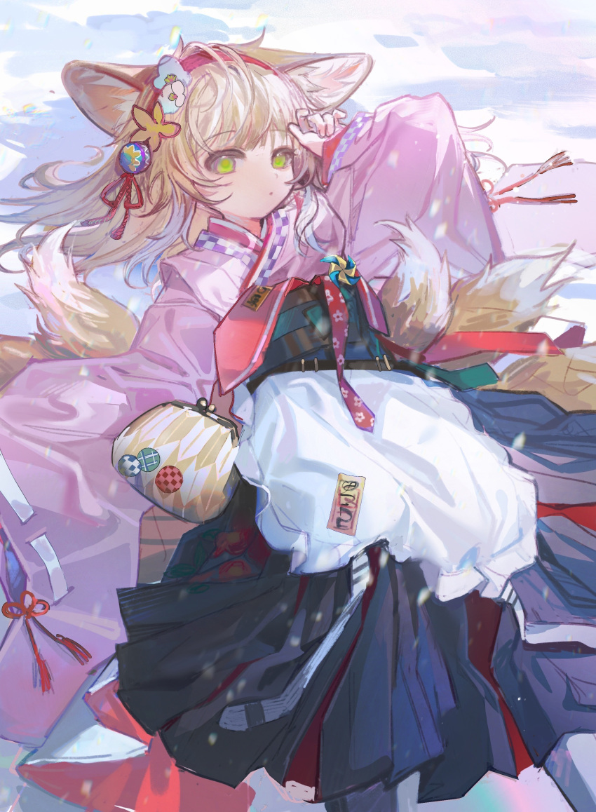 1girl absurdres animal_ears apron arknights black_hakama blonde_hair chinese_commentary coin_purse commentary_request fox_ears fox_girl fox_tail frilled_apron frills green_eyes hairband hakama hakama_skirt highres japanese_clothes kimono kitsune kyuubi liangban_xiexu multiple_tails official_alternate_costume pink_kimono pinwheel red_hairband skirt solo suzuran_(arknights) suzuran_(yukibare)_(arknights) tail waist_apron white_apron