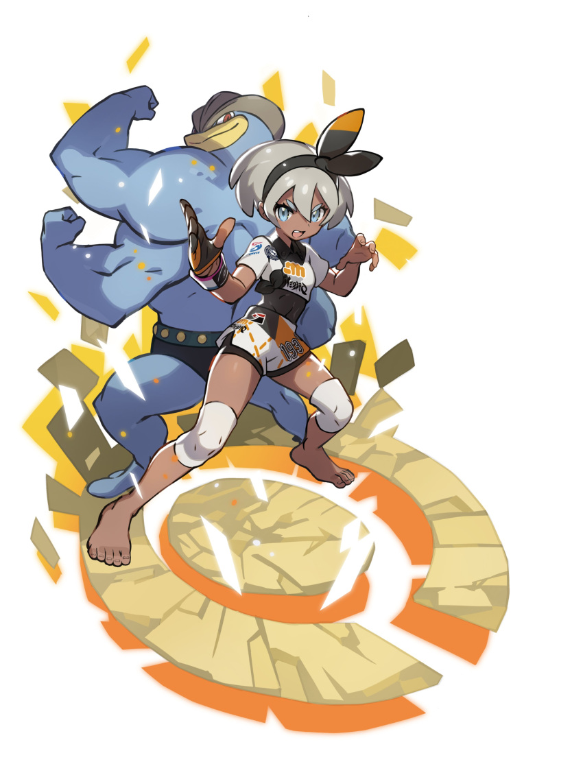 1girl :d absurdres barefoot bea_(pokemon) black_bodysuit black_hairband bodysuit bodysuit_under_clothes bow_hairband commentary dark-skinned_female dark_skin dynamax_band gloves grey_hair hair_between_eyes hairband highres knee_pads machamp official_art open_mouth partially_fingerless_gloves pokemon pokemon_(creature) pokemon_(game) pokemon_swsh print_shirt print_shorts saitou_naoki shirt short_hair short_sleeves shorts side_slit side_slit_shorts single_glove smile symbol-only_commentary toes white_background