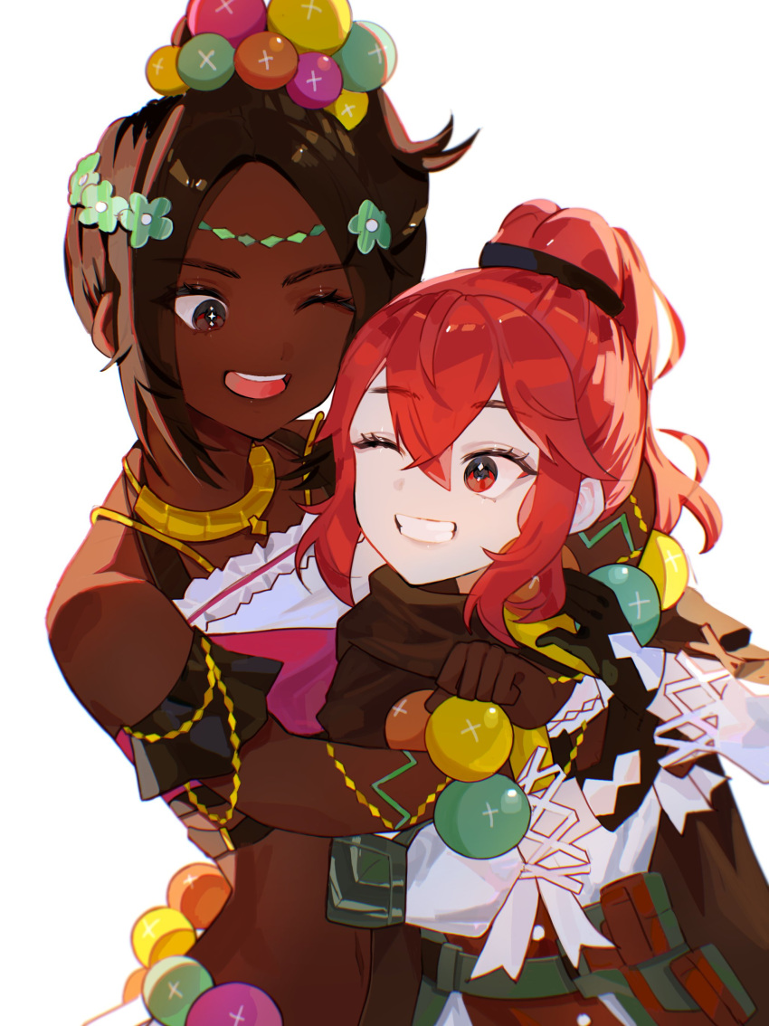 2girls absurdres anna_(fire_emblem) bare_shoulders brown_eyes dark-skinned_female dark_skin fire_emblem fire_emblem_engage high_ponytail highres hug mariirasuto7 multiple_girls open_mouth red_eyes red_hair smile teeth timerra_(fire_emblem) upper_teeth_only