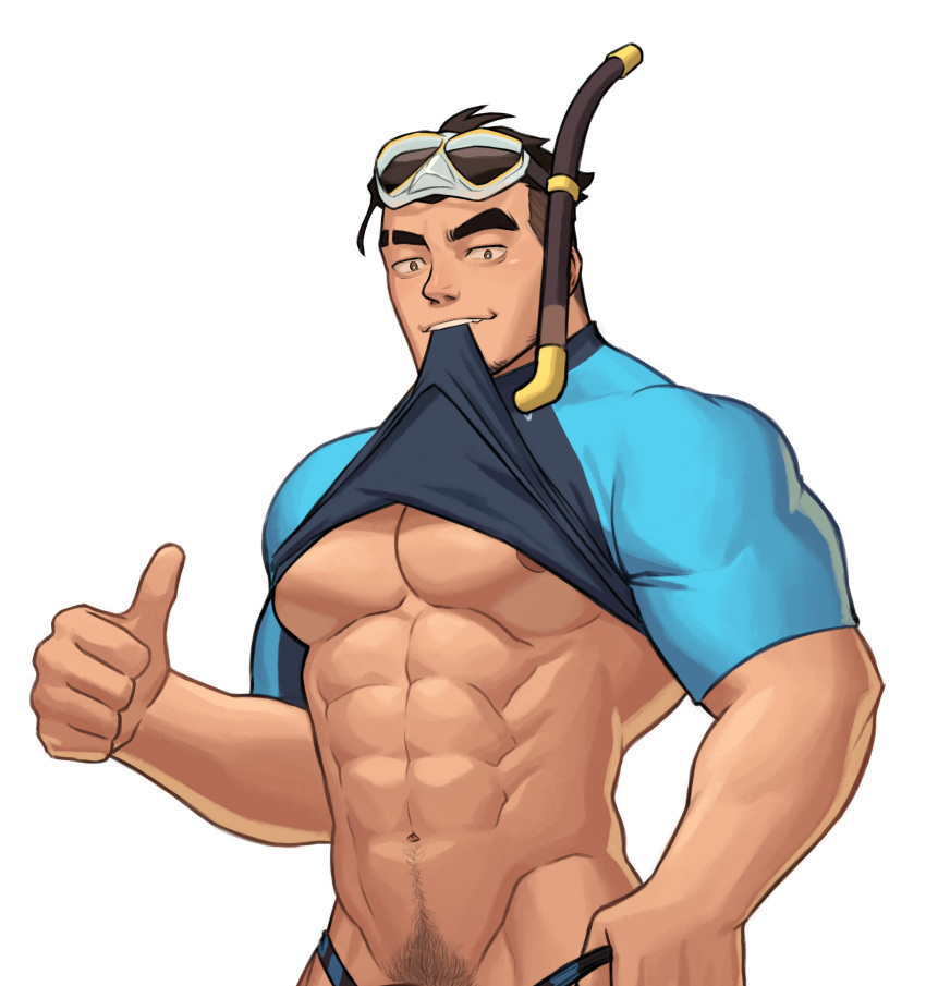 1boy abs absurdres bara bare_pectorals black_hair clothes_lift eyebrow_cut highres large_pectorals male_focus muscular muscular_male navel nipples original pectorals shirt shirt_lift short_hair simple_background solo thick_eyebrows thumbs_up upper_body white_background whyhelbram