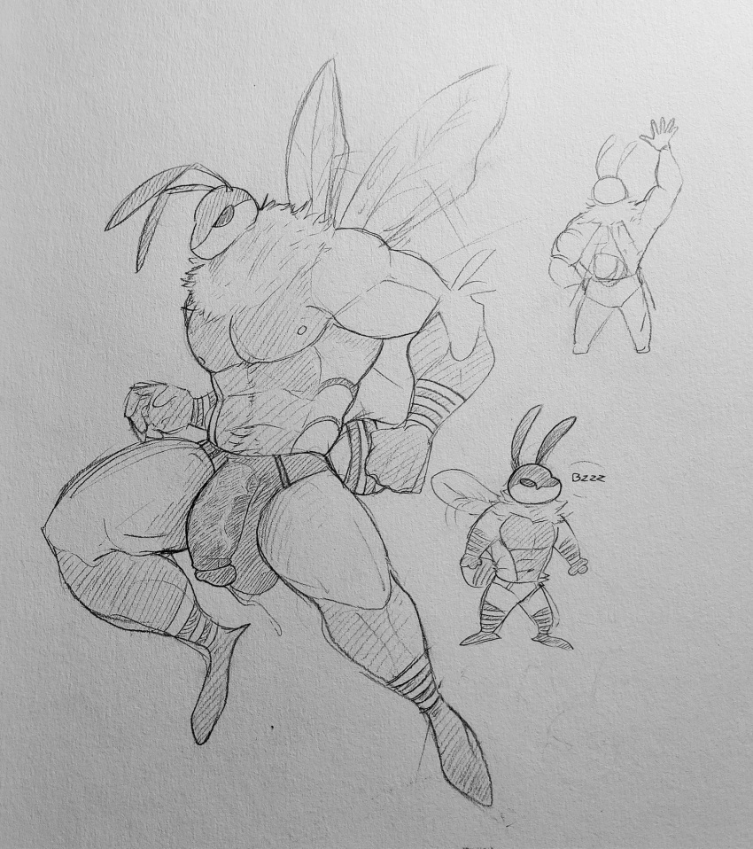 abs antennae_(anatomy) anthro arthropod balls bee big_balls big_penis bodily_fluids clothed clothing dripping english_text genital_fluids genitals graphite_(artwork) greyscale hi_res humanoid_genitalia humanoid_penis hymenopteran insect lewd_bunnie male monochrome muscular muscular_anthro muscular_male nipples nude partially_clothed pecs pencil_(artwork) penis precum precum_drip simple_background solo text traditional_media_(artwork) underwear white_background wings