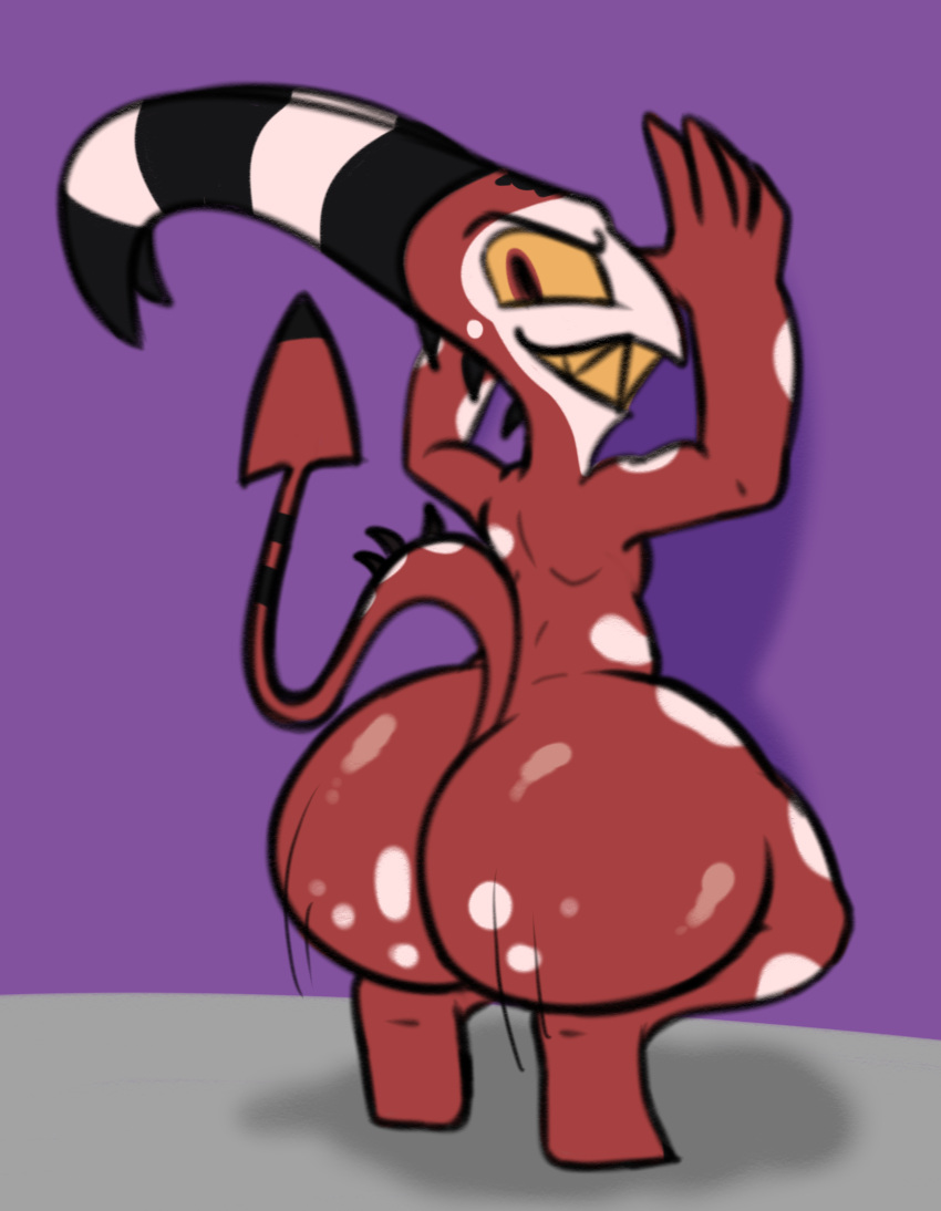 absurd_res anthro big_butt blitzo_(helluva_boss) butt demon digital_media_(artwork) gaze_(artist) helluva_boss hi_res horn huge_butt humanoid imp looking_at_viewer looking_back male nude red_body red_eyes simple_background smile solo tail thick_thighs twerking wide_hips