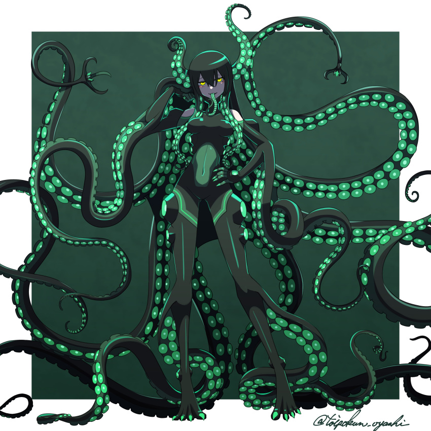 1girl absurdly_long_hair absurdres artist_name breasts claws colored_skin colored_tongue digitigrade fingernails full_body green_background green_hair green_nails green_skin green_tongue hair_between_eyes hand_on_own_hip hand_up highres horizontal_pupils long_hair long_tongue looking_at_viewer monster_girl multicolored_skin open_mouth original sharp_fingernails simple_background small_breasts solo standing suction_cups tentacle_hair tentacle_tongue tentacles toipokun_oyashi tongue tongue_out twitter_username very_long_hair yellow_eyes
