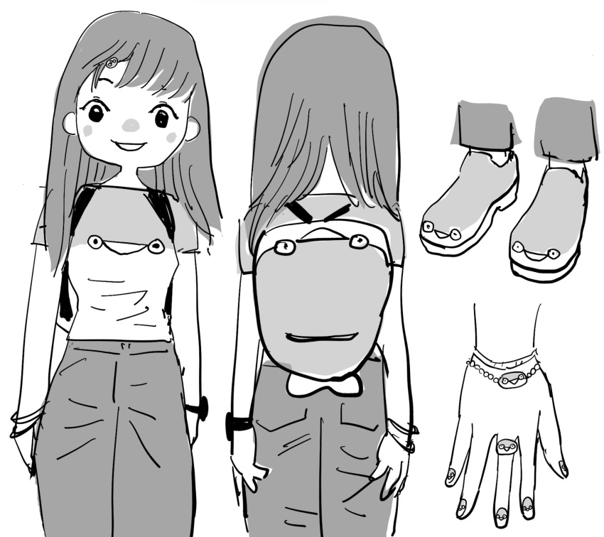 1girl aoki_toshinao backpack bag bracelet commentary cowboy_shot facing_away feet foot_focus grey_pants hand_focus highres jewelry looking_at_viewer medium_hair multicolored_clothes multiple_views nail_polish original pants ring sacabambaspis shirt simple_background white_background