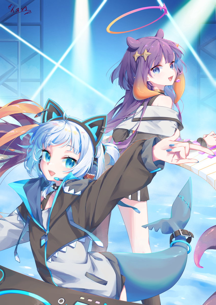 2girls absurdres aeon_ion animal_ear_headphones animal_ears black_jacket blue_hair blue_nails blunt_bangs cat_ear_headphones fake_animal_ears fins fish_tail gawr_gura grey_hair headphones highres hololive hololive_english jacket long_hair looking_at_viewer medium_hair mole mole_under_eye multicolored_hair multiple_girls nail_polish ninomae_ina'nis open_mouth purple_eyes purple_hair shark_girl shark_tail sidelocks smile streaked_hair tail tail_belt tentacle_hair virtual_youtuber