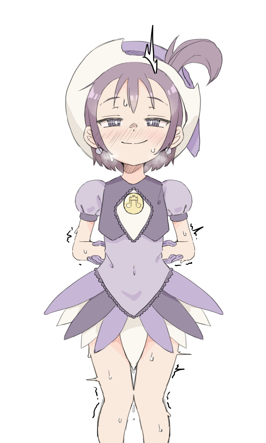 ^^^ absurdres arms_behind_back blush covered_navel dress earrings forehead full-face_blush highres jewelry knees_together_feet_apart looking_at_viewer ojamajo_doremi purple_dress purple_eyes purple_hair segawa_onpu short_hair smile sweat trembling white_background zlix0n