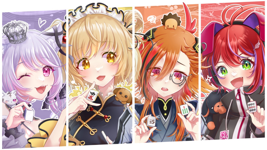 4girls :d akane_canna akane_canna_(2nd_costume) animal_ear_headphones animal_ears antenna_hair bead_necklace beads black_bow black_coat black_collar black_hair black_ribbon black_shirt blonde_hair blush bow breasts cat_ears china_dress chinese_clothes cleavage clothing_cutout coat collar column_lineup commentary_request criss-cross_halter crown detached_collar dog dress ear_ribbon fake_animal_ears fang flat_chest floppy_ears folded_hair frilled_shirt frills green_eyes grey-framed_eyewear grey_coat hair_between_eyes hair_bobbles hair_bow hair_ornament hair_ribbon halterneck headphones highres holding_mahjong_tile ina_uruu inaba_haneru_(animare) jewelry kazami_kuku letterboxed long_bangs long_hair long_sleeves looking_at_viewer looking_down looking_to_the_side low_twintails mahjong mahjong_tile maid_headdress mandarin_collar medium_bangs medium_breasts mini_crown monocle multicolored_hair multiple_girls nanashi_inc. necklace one_eye_closed open_mouth orange_eyes orange_hair outline pink_eyes pink_hair purple_hair rabbit_ears rabbit_girl red_hair reona_kfc02 ribbon shirt short_hair shoulder_cutout smile streaked_hair tenbou twintails two-tone_coat two-tone_hair upper_body virtual_youtuber white_coat white_outline wiink wing_hair_ornament yellow_eyes zipper