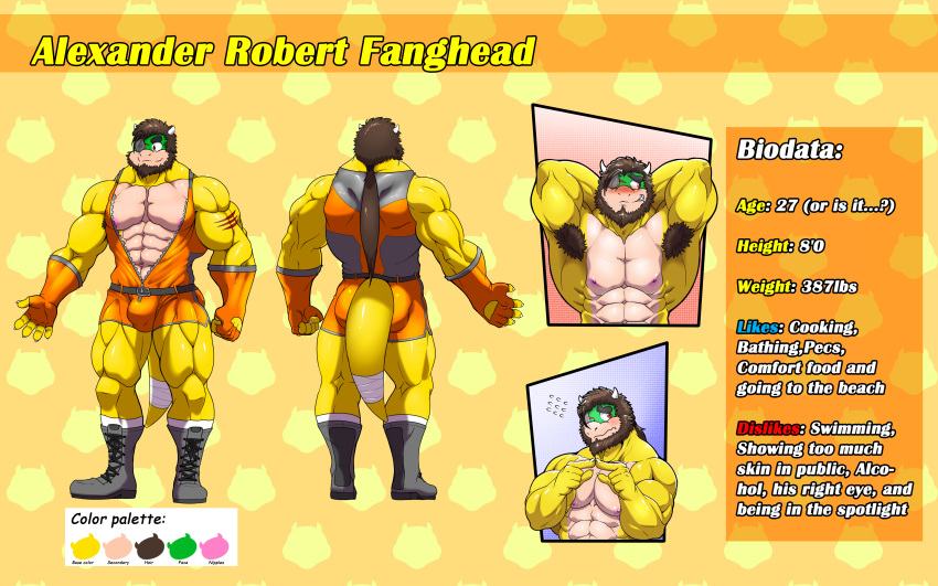 2020 abs absurd_res alexander_robert_fanghead alphamoonlight anthro armpit_hair blush body_hair boots brown_hair bulge clothed clothing english_text eye_patch eyewear footwear hair hi_res koopa male mario_bros model_sheet muscular muscular_anthro muscular_male nintendo nipples pecs pink_nipples scalie solo text yellow_body