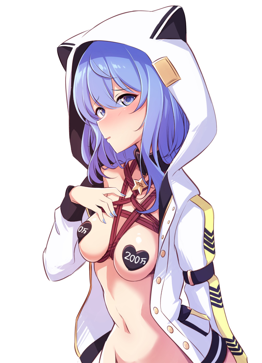 1girl absurdres animal_ears black_collar blue_eyes blue_hair blue_nails bottomless breasts brooch cat_ears collar hand_up heart_pasties highres hololive hood hood_up hoodie hoshimachi_suisei jacket jewelry long_hair maullarmaullar navel parted_lips pasties shibari simple_background small_breasts solo star_(symbol) star_in_eye stomach symbol_in_eye virtual_youtuber white_background white_jacket