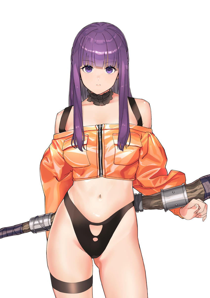 1girl absurdres alternate_costume bikini bikini_under_clothes black_collar blunt_bangs breast_pocket closed_mouth collar commentary_request detached_collar fern_(sousou_no_frieren) frilled_collar frills highleg highleg_bikini highres holding holding_staff jacket long_hair long_sleeves looking_at_viewer mage_staff midriff navel off-shoulder_jacket off_shoulder orange_jacket oshiri_seijin pocket purple_eyes purple_hair sidelocks solo sousou_no_frieren sports_bikini staff straight_hair swimsuit thigh_strap white_background zipper_pull_tab