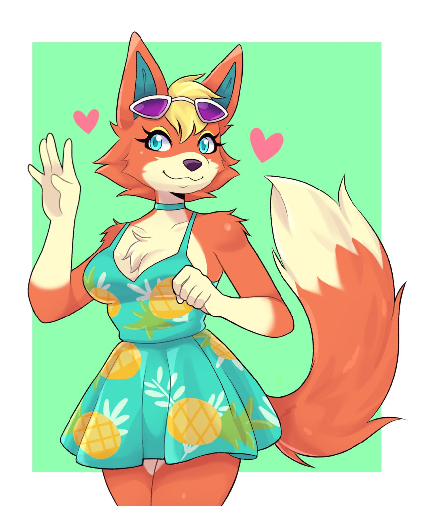 &lt;3 2023 5_fingers animal_crossing anthro artkett1412 audie_(animal_crossing) blonde_hair blue_eyes border breasts canid canine canis chest_tuft cleavage clothed clothing dress eyelashes eyewear eyewear_on_head female fingers fur hair hi_res mammal multicolored_body multicolored_fur nintendo orange_body orange_fur simple_background smile solo sunglasses sunglasses_on_head tail tuft two_tone_body two_tone_fur white_border wolf