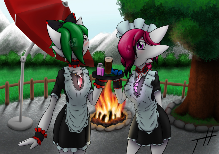 2023 3_fingers absurd_res beverage bonfire clothing detailed_background duo female fingers gardevoir generation_3_pokemon ghostth39 green_hair hair hair_over_eye hand_behind_back happy hi_res humanoid looking_at_viewer maid_apron maid_headdress maid_uniform nintendo not_furry one_eye_obstructed pokemon pokemon_(species) purple_eyes red_eyes red_hair ruby_(ghostth39) serving_tray signature smile smiling_at_viewer uniform