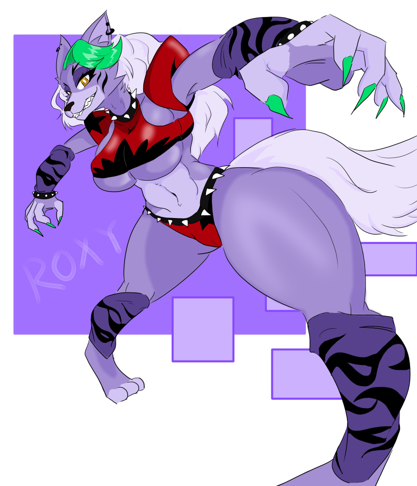 absurd_res anthro armwear belt big_breasts bottomwear bracelet breasts canid canine canis clothing collar colored_nails ear_piercing ear_ring eyelashes eyeshadow facial_markings female five_nights_at_freddy's five_nights_at_freddy's:_security_breach fur green_highlights green_nails hair head_markings hi_res highlights_(coloring) jewelry killer._ez legwear makeup mammal markings nails navel piercing purple_armwear purple_background purple_body purple_clothing purple_eyeshadow purple_fur purple_legwear red_bottomwear red_clothing red_topwear ring_piercing roxanne_wolf_(fnaf) scottgames sharp_nails sharp_teeth shoulder_pads simple_background solo spiked_belt spiked_bracelet spiked_collar spikes steel_wool_studios teeth thick_thighs topwear under_boob white_background white_body white_fur white_hair wide_hips wolf yellow_eyes