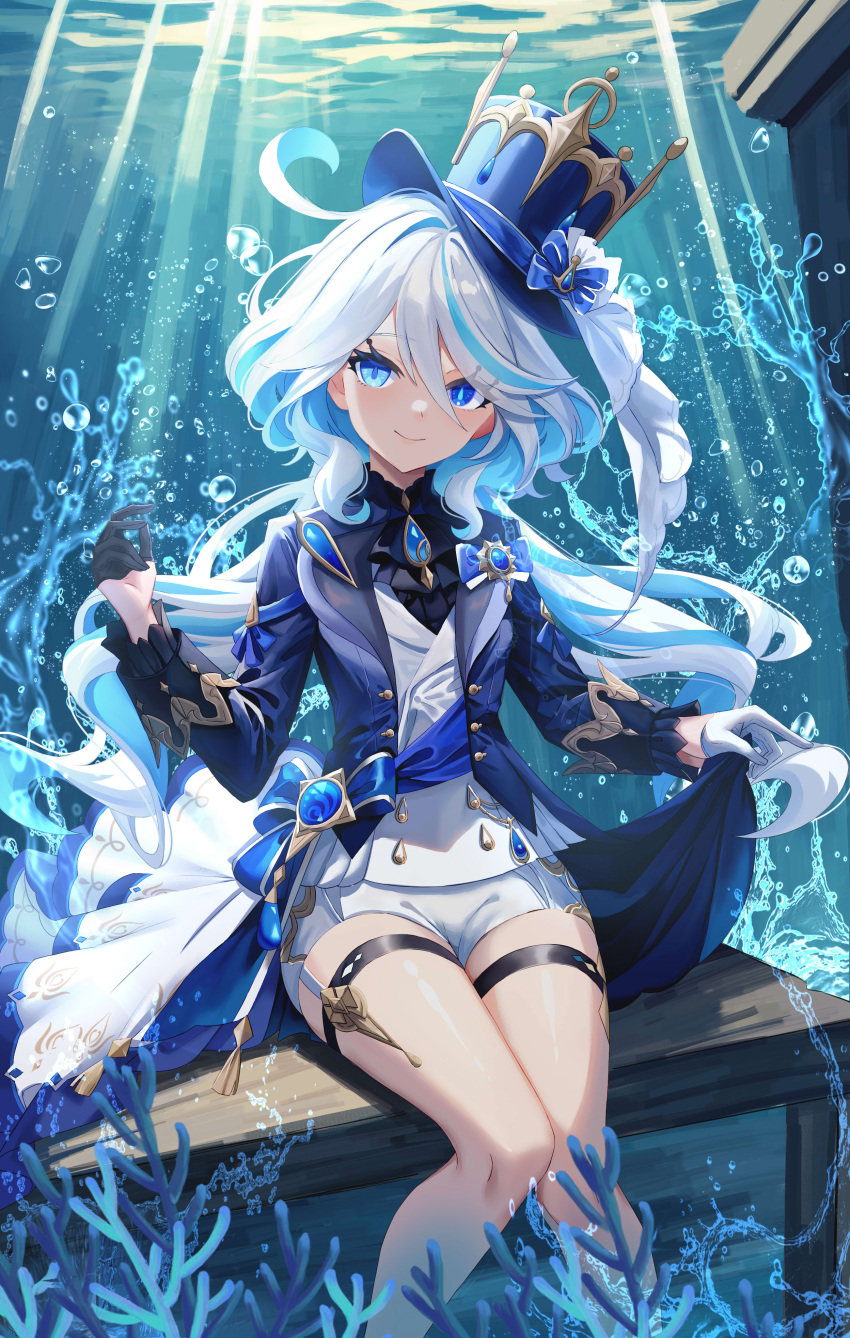 1girl absurdres ahoge air_bubble alaya0130 ascot black_ascot black_gloves blue_bow blue_brooch blue_eyes blue_hair blue_headwear blue_jacket bow bubble closed_mouth furina_(genshin_impact) genshin_impact gloves hair_between_eyes half_gloves hat heterochromia highres jacket knees legs light_blue_hair long_hair long_sleeves multicolored_hair open_clothes open_jacket outdoors seaweed shorts sitting smile solo streaked_hair sunlight top_hat underwater water white_gloves white_shorts