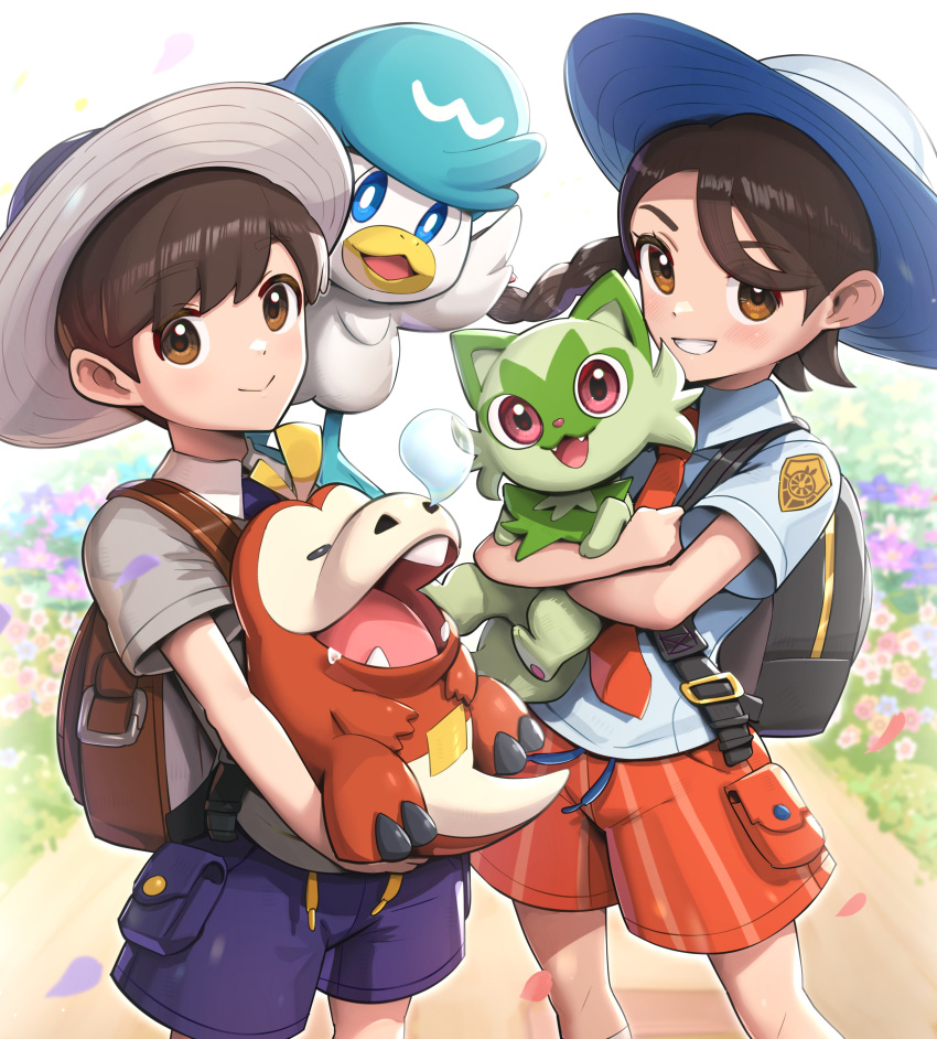 1boy 1girl absurdres backpack bag brown_eyes brown_hair fuecoco gonzarez grin hat highres holding holding_pokemon looking_at_viewer pokemon pokemon_(creature) pokemon_(game) pokemon_sv quaxly school_uniform short_hair shorts smile sprigatito sun_hat