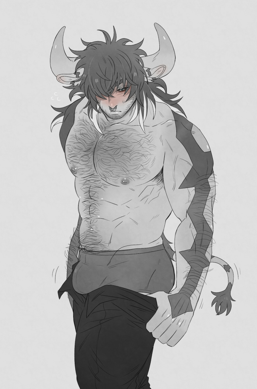 1boy abs animal_ears arm_hair armpit_hair artist_request bara beard blush body_hair bulge bulge_lift chest_hair cow_boy cow_ears cow_horns cow_tail dressing facial_hair feet_out_of_frame from_side hair_over_one_eye hairy highres horns i've_never_seen_a_guy_recreate_this_successfully_tbh_(meme) large_pectorals looking_at_viewer male_focus mature_male meme muscular muscular_male navel_hair nipples open_pants original pants pants_lift pectorals short_hair solo spot_color stomach stubble sweatdrop tail topless_male undersized_clothes