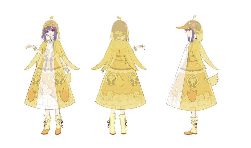 1girl absurdres ankle_boots bare_arms bcy beret boots braid brown_ribbon daisy dress duck_costume floral_print flower flower_bracelet french_braid frilled_dress frills full_body hand_up hat hat_flower highres hood hood_up long_dress miao_jiujiu multiple_views neck_ribbon purple_hair reference_sheet ribbon rubber_boots short_hair short_sleeves sidelocks transparent_footwear transparent_raincoat turnaround waist_ribbon white_background xialuo_yingling yellow_dress yellow_footwear yellow_headwear yellow_nails yellow_raincoat