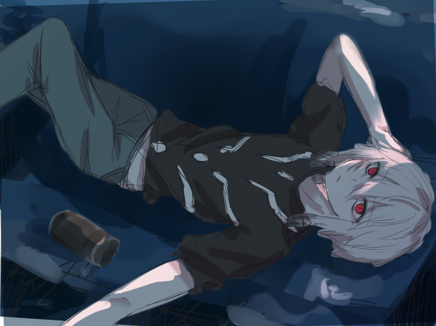 1boy accelerator_(toaru_majutsu_no_index) albino atummb black_shirt can canned_coffee couch crossed_legs dark diagonal-striped_shirt grey_pants hand_in_own_hair highres limited_palette looking_at_viewer lying midriff_peek night on_back on_couch outstretched_arm pale_skin pants red_eyes sanpaku shaded_face shadow shirt short_hair short_sleeves sidelocks sketch toaru_majutsu_no_index watercolor_effect white_hair