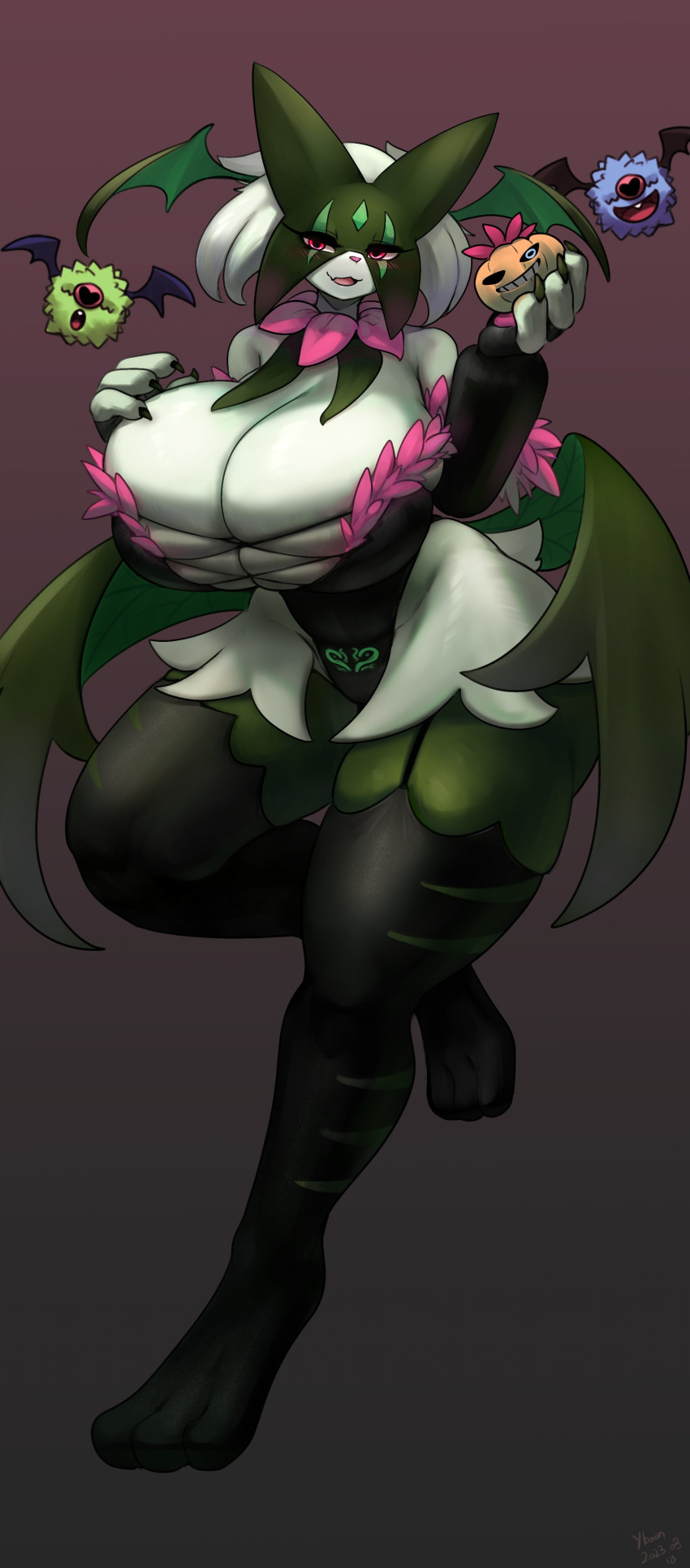 absurd_res alternate_costume anthro bat_wings big_breasts black_claws black_clothing black_legwear black_leotard black_thigh_highs breasts claws cleavage clothed clothing curvy_figure female food fruit full-length_portrait garter_straps generation_5_pokemon generation_9_pokemon glistening glistening_body gradient_background green_body group half-closed_eyes hi_res huge_breasts legwear leotard looking_at_viewer membrane_(anatomy) membranous_wings meowscarada narrowed_eyes nintendo open_mouth pink_eyes plant pokemon pokemon_(species) portrait pubic_tattoo pumpkin red_background simple_background skindentation smile tattoo thick_thighs thigh_highs violet_background voluptuous wide_hips wings woobat yboon