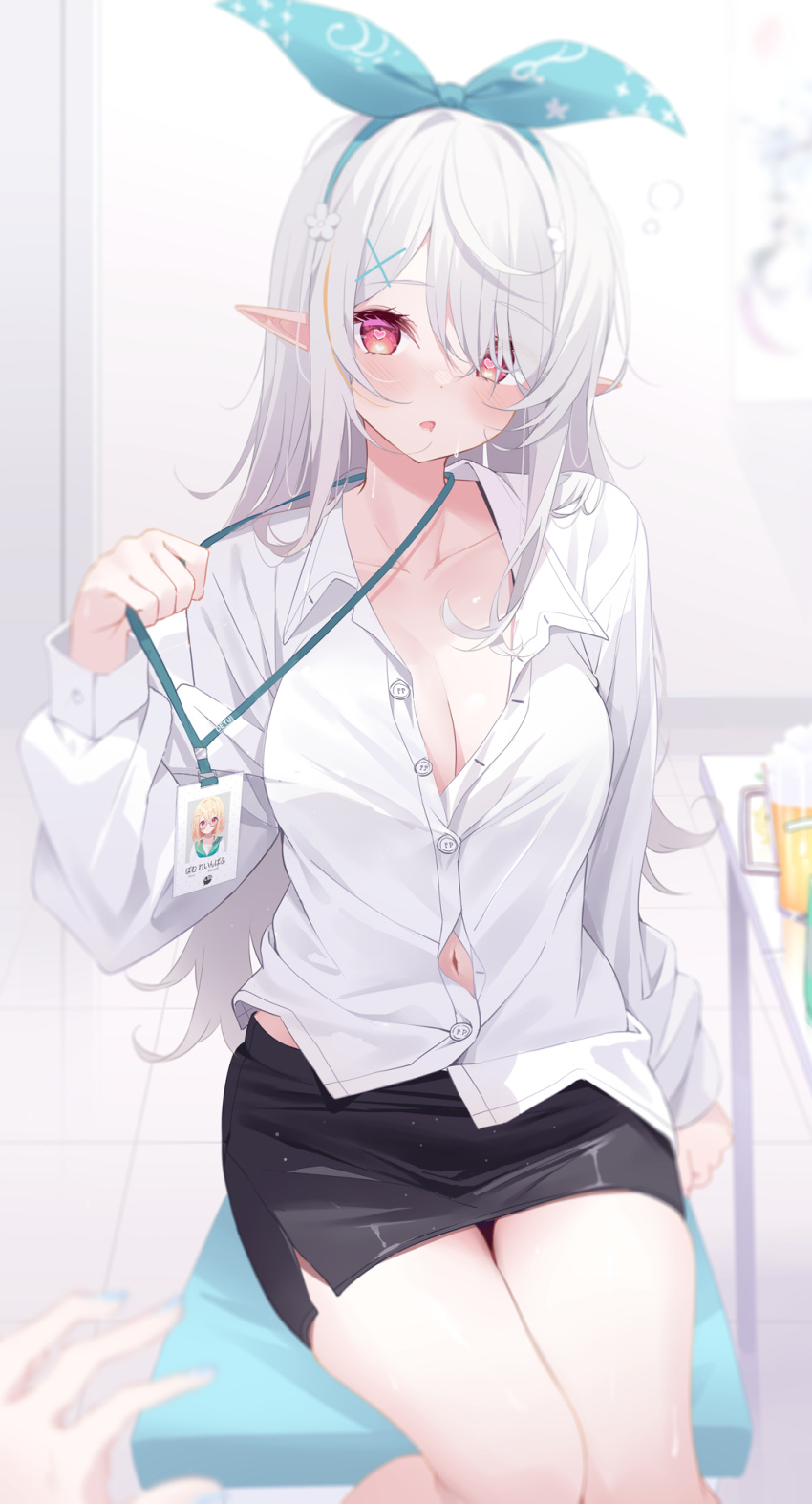 1girl alcohol alternate_costume beer beer_mug black_skirt blonde_hair blush bow breasts collar collared_shirt cup deyui drooling fairy grey_hair hair_between_eyes hair_bow hair_ornament heart heart-shaped_pupils highres id_card long_hair looking_at_viewer mug multicolored_hair nijisanji nijisanji_en open_clothes open_mouth partially_unbuttoned pencil_skirt pointy_ears pomu_rainpuff pomu_rainpuff_(3rd_costume) red_eyes shirt simple_background sitting sitting_on_object skirt solo streaked_hair symbol-shaped_pupils table thigh_gap thighs unbuttoned unbuttoned_shirt virtual_youtuber white_background white_shirt wing_collar