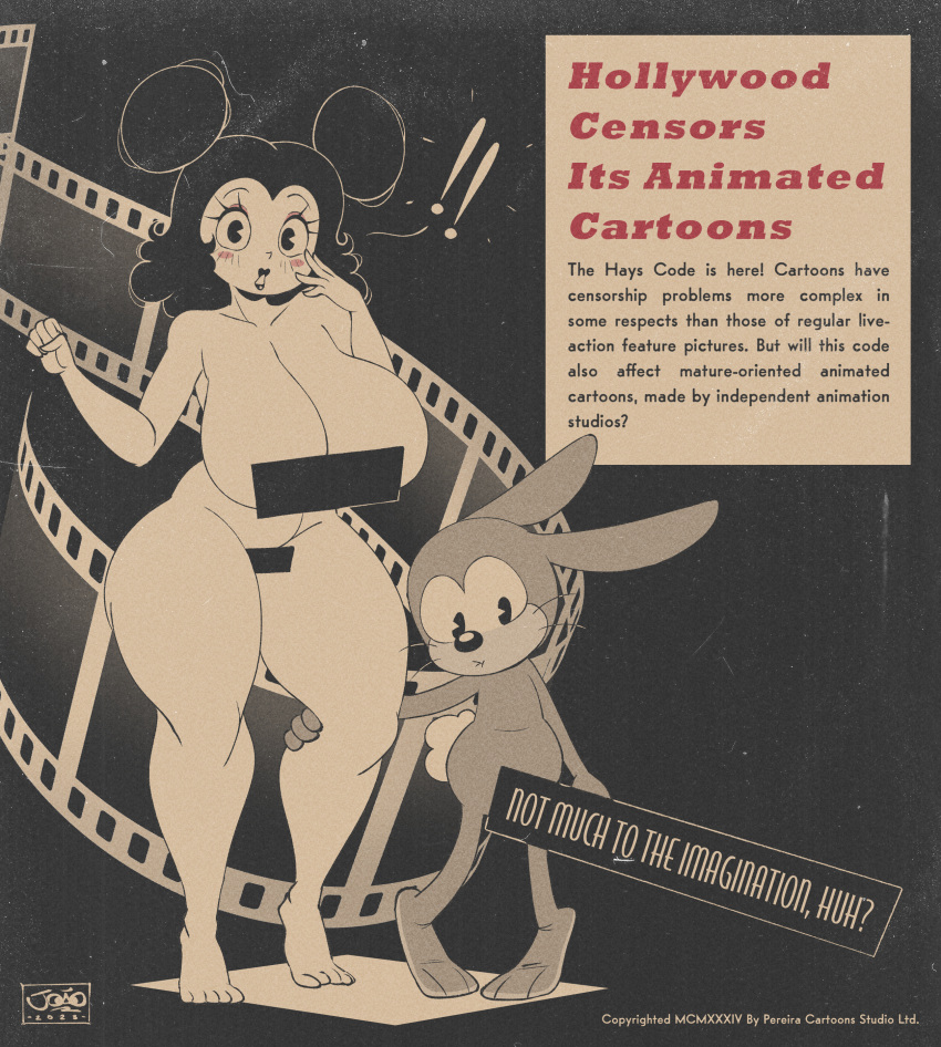 1930s 4_fingers 5_fingers 5_toes absurd_res anthro big_breasts black_hair black_lipstick blush blush_lines breasts censor_bar censored censored_breasts censored_genitalia censored_penis censored_pussy english_text feet female film_strip fingers fleischer_style_toon fur grey_body grey_fur hair hi_res huge_breasts joaoppereiraus lagomorph larger_female leporid lipstick makeup mammal multicolored_body multicolored_fur nestor_the_rabbit_(joaoppereiraus) nude rabbit rubberhose sally_mcboing_(joaoppereiraus) size_difference smaller_anthro text thick_thighs toes toony white_body white_skin