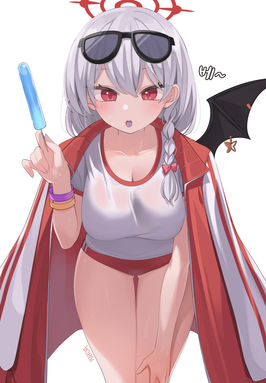1girl absurdres artist_name blue_archive blush braid breasts buruma cleavage collarbone english_text food grey_hair gym_shirt gym_uniform halo hand_on_own_thigh haruna_(blue_archive) haruna_(track)_(blue_archive) highres holding holding_food holding_popsicle jacket jacket_on_shoulders korean_text large_breasts leaning_forward lira looking_at_viewer official_alternate_costume popsicle red_buruma red_eyes red_halo shirt simple_background single_braid solo tongue tongue_out track_jacket white_background
