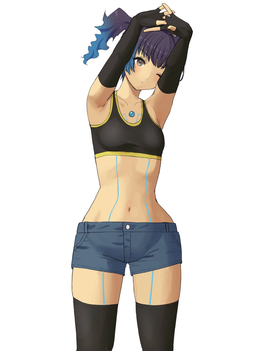 1girl black_sports_bra black_thighhighs blue_hair blunt_bangs breasts brown_eyes chest_jewel commentary_request crop_top fiery_hair fingerless_gloves gloves glowing_lines highres navel one_eye_closed sena_(xenoblade) shoulder_strap side_ponytail small_breasts solo sports_bra standing stretching thighhighs white_background xenoblade_chronicles_(series) xenoblade_chronicles_3 yamamori_kinako