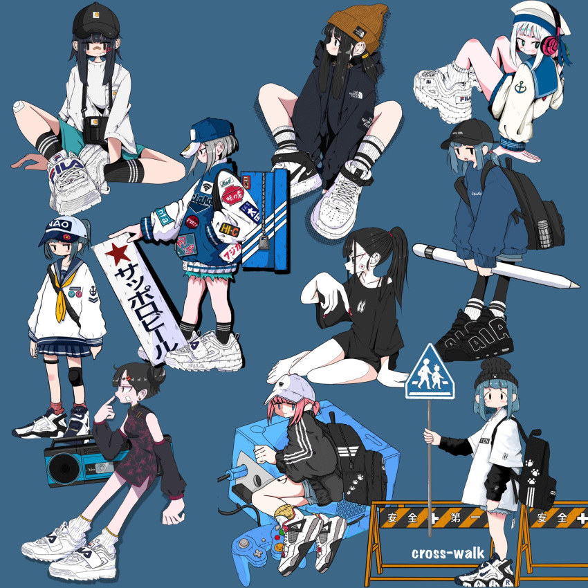 6+girls anchor_print apple_pencil aqua_shorts arms_at_sides artist_name backpack badge bag bandaid bandaid_on_cheek bandaid_on_face bandaid_on_knee bandaid_on_leg bandaid_on_nose barefoot baseball_cap beanie between_legs black_bag black_dress black_eyes black_footwear black_hair black_headwear black_pantyhose black_shirt black_sleeves black_socks black_sweater blue_background blue_hair blue_headwear blue_jacket blue_ribbon blue_sailor_collar blue_skirt blue_sweater blunt_bangs boombox breasts button_badge carhartt china_dress chinese_clothes closed_mouth clothes_writing collarbone detached_sleeves double_bun drawstring dress fila finger_to_face from_behind from_side game_console gamecube gamecube_controller grey_hair grey_hoodie grey_shorts hair_bun hair_ornament hairclip hand_between_legs hand_in_pocket hat hat_ribbon headphones highres holding holding_sign holding_stylus hood hood_down hoodie jacket japanese_flag jitome knee_pads knees_up layered_sleeves leg_tattoo lego long_hair long_sleeves looking_at_viewer looking_back looking_to_the_side low_twintails miniskirt multiple_girls musical_note_tattoo nail_polish nao97122 neckerchief nike open_mouth original oversized_clothes oversized_object oversized_shirt pantyhose patch paw_print pleated_skirt ponytail profile red_nails red_socks ribbon road_sign sailor_collar sailor_hat sailor_shirt shirt shoe_box shoes short_dress short_hair short_over_long_sleeves short_sleeves short_twintails shorts sign simple_background single_knee_pad sitting skirt sleeveless sleeveless_dress sleeves_past_elbows small_breasts smile sneakers socks standing sticker_on_face streetwear stylus sweater t-shirt tareme tattoo the_north_face thigh_strap traffic_barrier triple_vertical_stripe twintails white_footwear white_hair white_headwear white_shirt white_socks yellow_headwear yellow_neckerchief yellow_socks zipper zipper_pull_tab