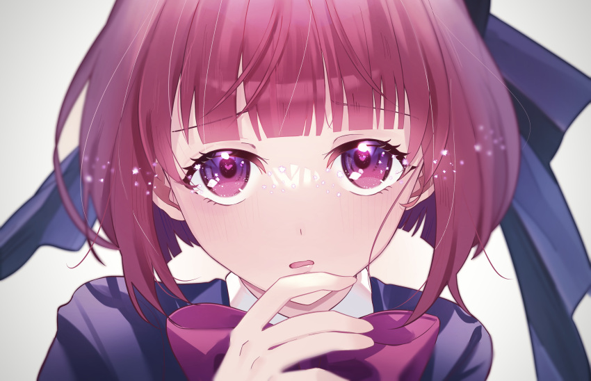 1girl absurdres arima_kana blue_headwear blue_jacket blunt_bangs blurry blush bob_cut bow bowtie close-up collared_shirt depth_of_field finger_to_own_chin gradient_eyes heart heart-shaped_pupils highres jacket light_particles multicolored_eyes oshi_no_ko parted_lips pink_bow pink_bowtie red_eyes red_hair school_uniform shirt short_hair simple_background solo symbol-shaped_pupils white_background white_shirt yakousei_ookami youtou_high_school_uniform