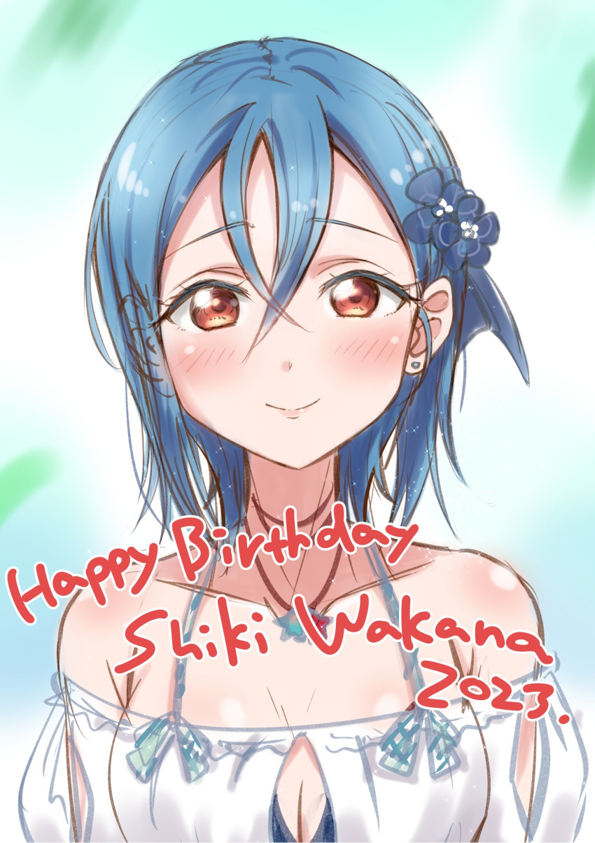 1girl birthday blue_hair blush breasts character_name ckst cleavage collarbone commentary earrings english_text flower hair_flower hair_ornament happy_birthday highres jewelry looking_at_viewer love_live! love_live!_superstar!! medium_breasts orange_eyes short_hair smile solo upper_body wakana_shiki