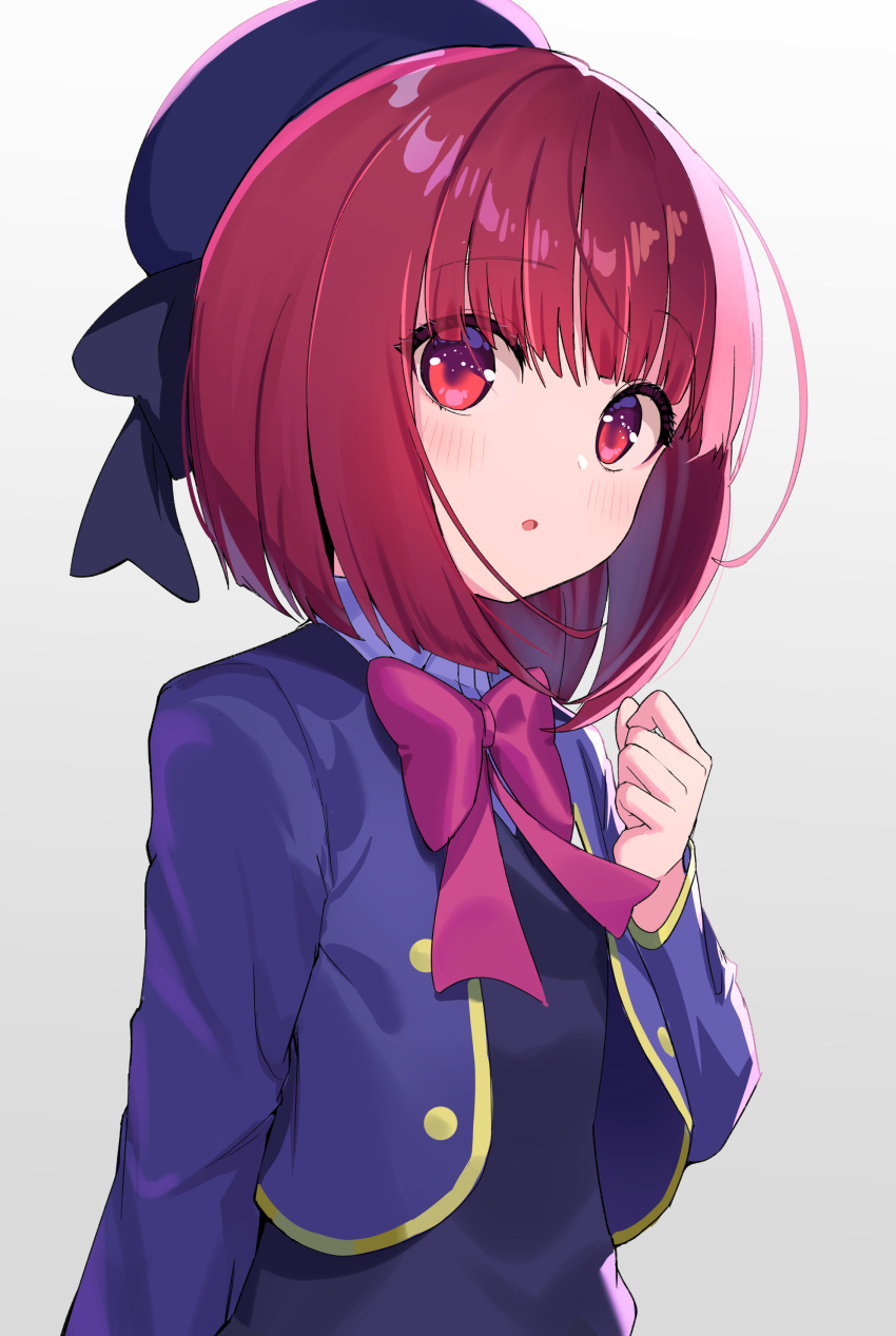 1girl :o absurdres arima_kana beret black_dress blue_headwear blue_jacket blush bow collared_shirt commentary cropped_jacket dress gradient_background grey_background hand_up hat highres jacket long_sleeves looking_at_viewer ohihil open_clothes open_jacket oshi_no_ko parted_lips pink_bow red_eyes red_hair shirt solo white_background white_shirt
