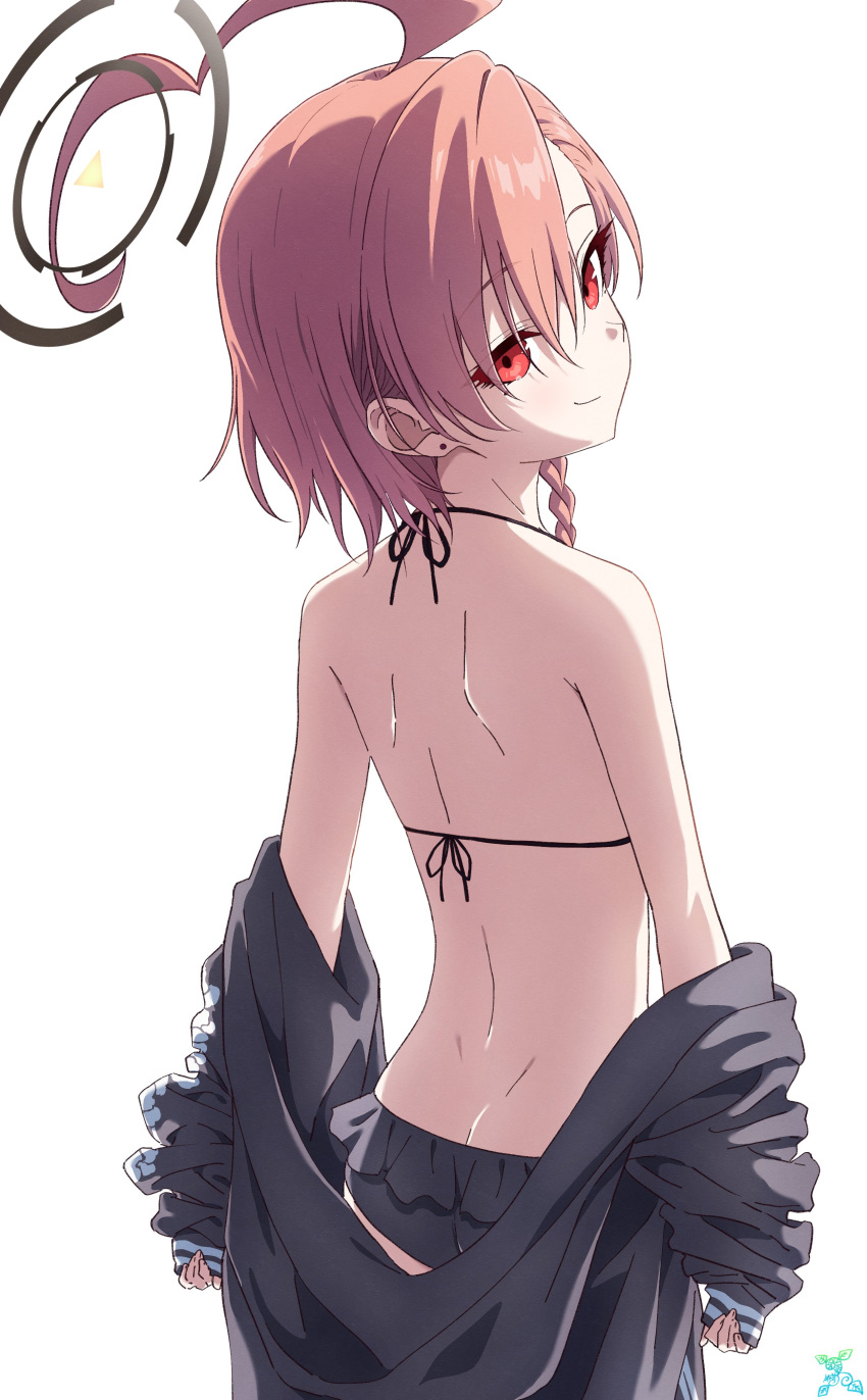 1girl absurdres ahoge back bikini black_bikini black_halo blue_archive braid butt_crack closed_mouth from_behind halo highres looking_at_viewer makicha_(sasurainopink) making-of_available neru_(blue_archive) red_eyes red_hair short_hair simple_background single_braid smile solo swimsuit white_background
