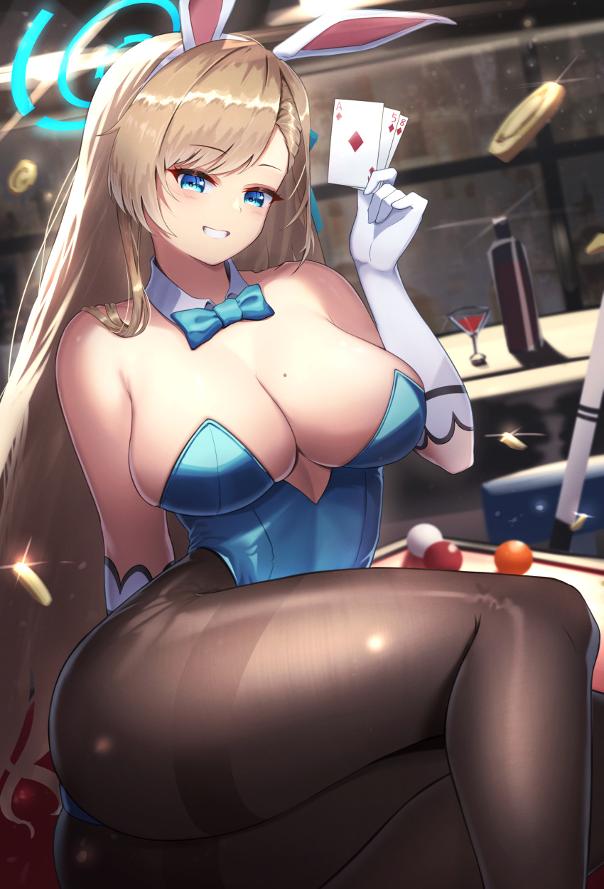 1girl :d absurdres animal_ears arm_support ass asuna_(blue_archive) asuna_(bunny)_(blue_archive) ball bare_shoulders billiard_ball billiards black_pantyhose blue_archive blue_eyes blue_leotard blurry bottle bow breasts card cocktail cocktail_glass coin commentary_request cue_stick cup depth_of_field detached_collar drinking_glass eiryu33 elbow_gloves eyes_visible_through_hair fake_animal_ears gloves grin hair_bow hair_ribbon hairband halo head_tilt highleg highleg_leotard highres holding holding_card index_finger_raised large_breasts leotard light_brown_hair long_hair looking_at_viewer mole mole_on_breast official_alternate_costume pantyhose partial_commentary playboy_bunny playing_card rabbit_ears ribbon sidelocks sitting sitting_on_table sleeveless smile solo strapless strapless_leotard twisted_torso white_gloves wine_bottle