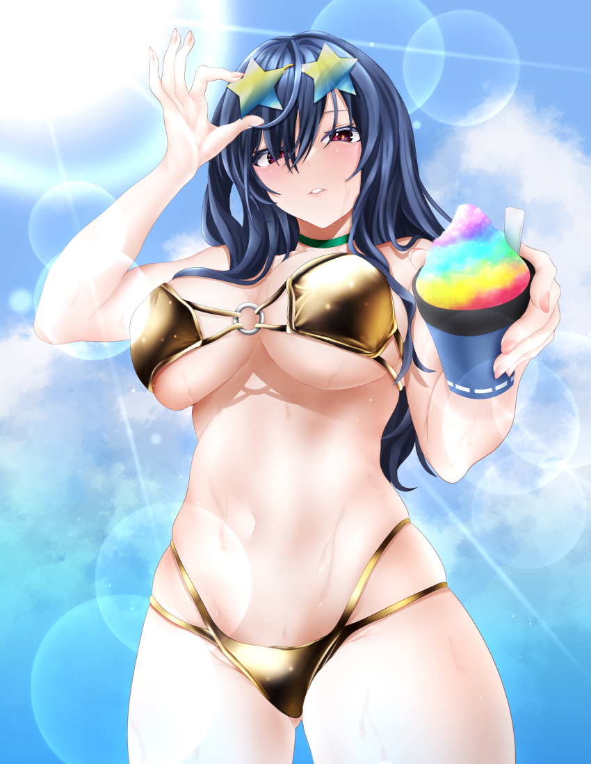 1girl absurdres alternate_costume arm_up bikini blue_hair blue_sky blush breasts cup dark_blue_hair eyewear_on_head from_below hair_between_eyes highres holding holding_cup iizunamaru_megumu large_breasts lens_flare long_hair mizuki_mukawa navel no_headwear o-ring o-ring_top overexposure parted_lips red_eyes sky solo star_(symbol) sun sunglasses sunlight swimsuit teeth touhou very_long_hair