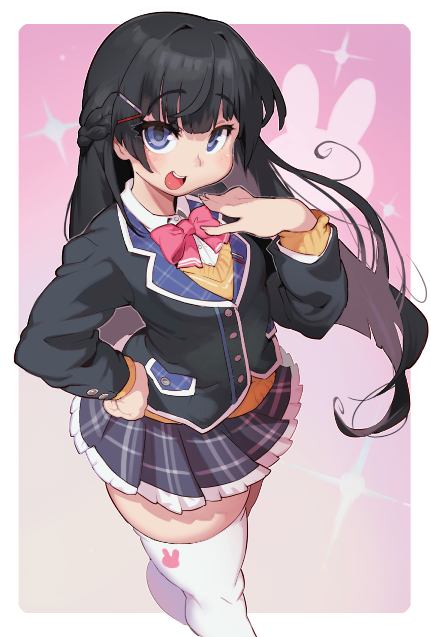 1girl black_hair blue_cardigan blue_eyes blue_skirt bow bowtie braid cardigan checkered_clothes checkered_skirt from_above hair_ornament hairpin hand_on_own_chest hand_on_own_hip highres lapels long_hair long_sleeves looking_at_viewer nijisanji notched_lapels open_mouth pink_background pink_bow pink_bowtie pleated_skirt sanjiro_(tenshin_anman) school_uniform shirt simple_background skirt solo standing thick_thighs thighhighs thighs tsukino_mito white_background white_thighhighs yellow_shirt