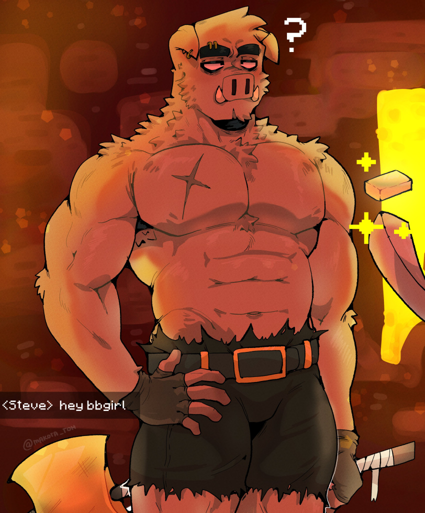 1boy abs absurdres animal_ears bara character_request chat_log english_text feet_out_of_frame fingerless_gloves furry furry_male gloves highres huge_eyebrows large_pectorals looking_at_viewer makota_toh male_focus minecraft muscular muscular_male pants pectorals personification pig_boy pig_ears pig_nose scar scar_on_chest short_hair solo sparkle steve_(minecraft) stomach strongman_waist topless_male torn_clothes torn_pants tusks