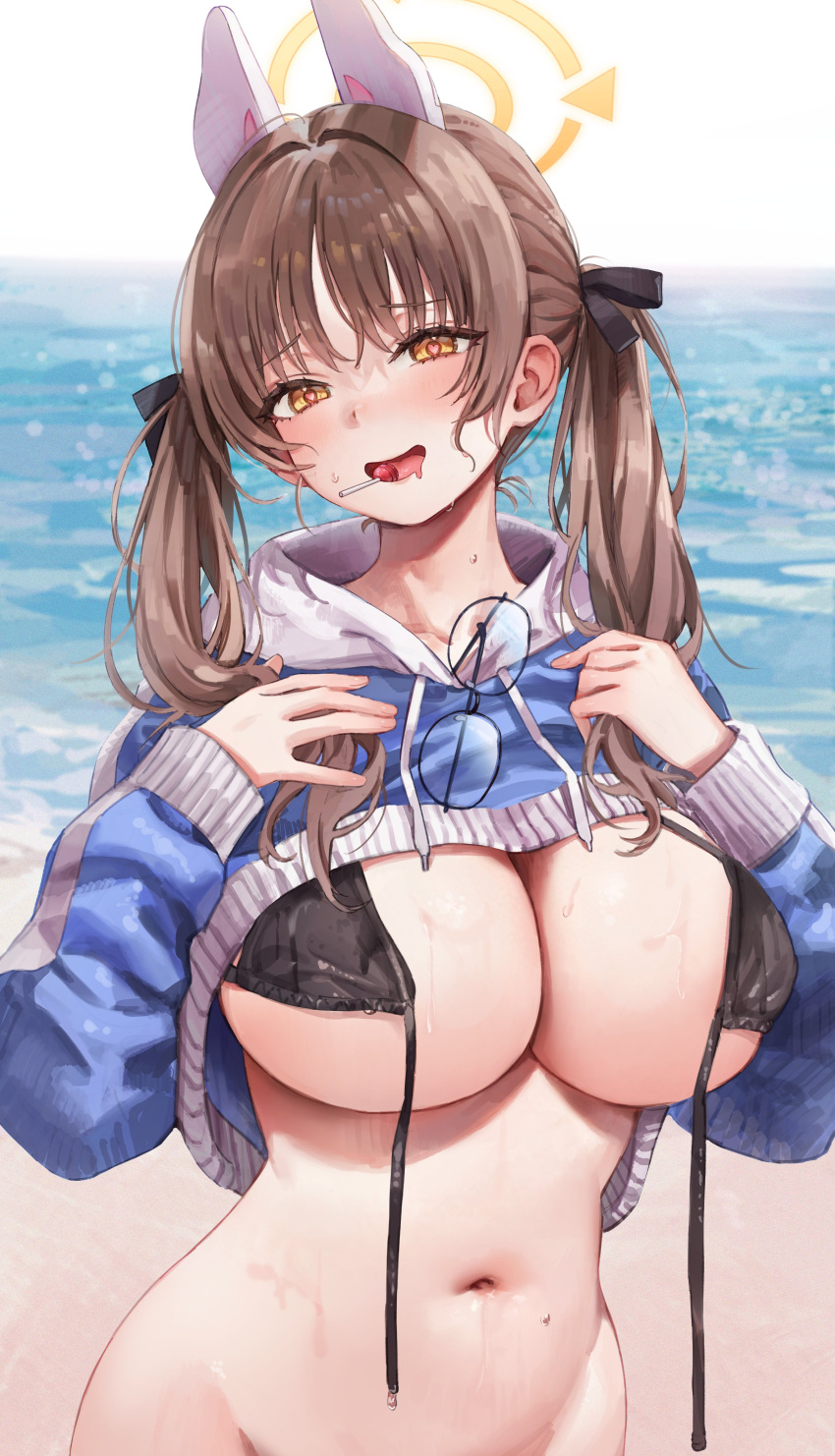 1girl absurdres animal_ears beach bikini black_bikini blue_archive blue_hoodie blush breasts brown_hair cleavage cropped_hoodie drooling eyewear_hang eyewear_removed fake_animal_ears gompang_11 groin halo highres hood hoodie large_breasts long_hair long_sleeves looking_at_viewer moe_(blue_archive) moe_(swimsuit)_(blue_archive) mouth_drool navel out-of-frame_censoring outdoors rabbit_ears smile solo sweatdrop swimsuit twintails untied_bikini