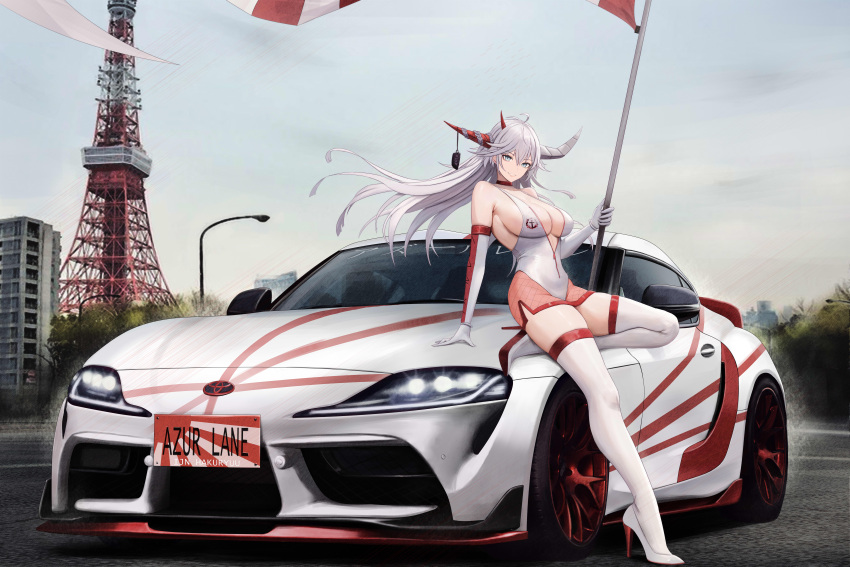 1girl absurdres alternate_costume asymmetrical_horns azur_lane bare_shoulders blue_eyes breasts car cleavage collarbone commentary day elbow_gloves fishnets flag floating_hair full_body gloves hair_between_eyes hair_on_horn hakuryuu_(azur_lane) high_heels highres holding holding_pole horns kcar66t large_breasts leotard long_hair looking_at_viewer motor_vehicle multiple_horns outdoors parted_lips pole race_queen red_horns sidelocks sitting_on_car skindentation smile solo standing thighhighs tokyo_tower toyota toyota_supra toyota_supra_mk_v white_footwear white_gloves white_hair white_horns white_leotard white_thighhighs zipper_leotard zipper_pull_tab