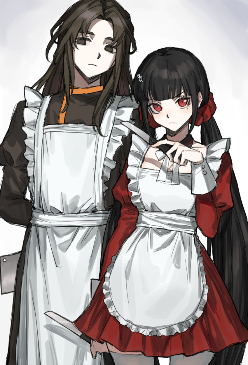 1boy 1girl black_eyes black_hair black_jacket closed_mouth danganronpa_(series) danganronpa_v3:_killing_harmony dress empty_eyes expressionless frown geniusu4 hair_ornament harukawa_maki highres holding holding_knife jacket juliet_sleeves kimi_ga_shine kitchen_knife knife long_hair long_sleeves looking_at_viewer low_twintails maid maid_day puffy_sleeves red_dress red_scrunchie satou_kai scrunchie simple_background sleeve_cuffs twintails very_long_hair white_background white_dress