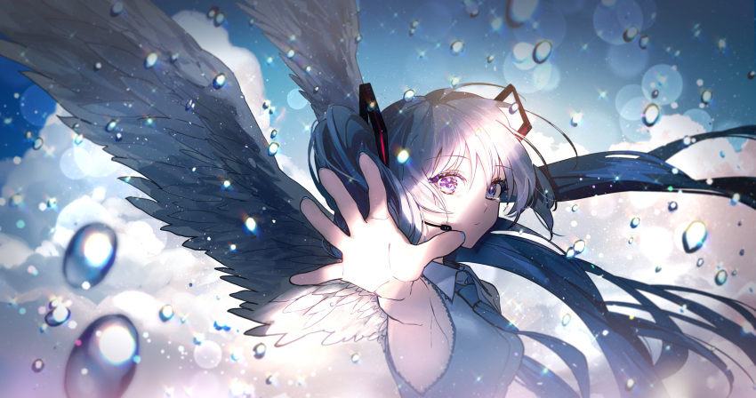 1girl aqua_necktie blue_eyes blue_hair blue_nails blurry bokeh collar depth_of_field feathered_wings frilled_collar frills grey_shirt hair_ornament hatsune_miku highres kika looking_at_viewer nail_polish necktie shirt sleeveless sleeveless_shirt sparkle vocaloid water_drop white_wings wings