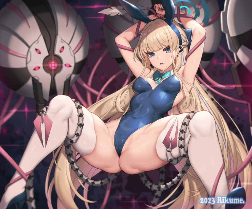1girl animal_ears arms_up bare_shoulders blonde_hair blue_archive blue_bow blue_eyes blue_hairband blue_leotard blue_nails bound bound_arms bow bowtie braid breasts cameltoe detached_collar fake_animal_ears hairband halo highleg highleg_leotard highres imminent_rape leotard long_hair mechanical_tentacles medium_breasts official_alternate_costume official_alternate_hairstyle playboy_bunny rabbit_ears rikume spread_legs tentacles thighhighs thighs toki_(blue_archive) toki_(bunny)_(blue_archive) very_long_hair white_thighhighs wrist_cuffs