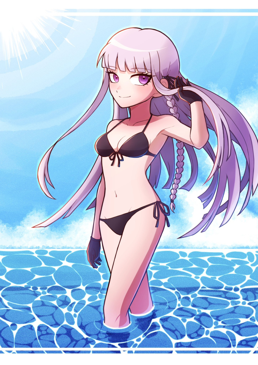 1girl bare_shoulders bikini black_bikini black_gloves black_ribbon braid breasts collarbone contrapposto danganronpa:_trigger_happy_havoc danganronpa_(series) danganronpa_s:_ultimate_summer_camp gloves hair_ribbon highres kirigiri_kyoko kirin_(suzoke_1) long_hair navel outdoors pink_hair ribbon side_braid small_breasts smile solo stomach swimsuit wading water