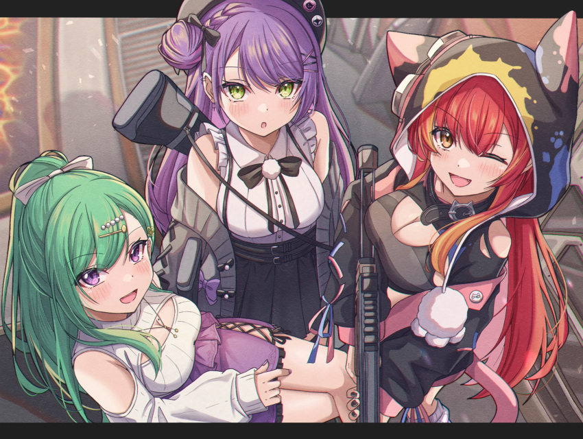 3girls :o ;d animal_hood anku bare_shoulders belt beret bikini black_belt black_bow black_bowtie black_bustier black_collar black_headwear black_jacket black_nails black_ribbon black_skirt bow bowtie braid breasts cardigan cleavage clothing_cutout collar collared_shirt colored_inner_hair crossed_legs demon_girl fang french_braid frilled_shirt frilled_sleeves frills from_above goggles goggles_on_headwear green_eyes green_hair grey_bikini grey_cardigan hair_bun hair_ornament hair_ribbon hairclip hat high-waist_skirt highres hololive hood hood_up hooded_jacket jacket jewelry jirai_kei long_hair long_sleeves medium_breasts meme_attire miniskirt mole mole_on_breast multicolored_hair multiple_girls necklace nekota_tsuna off_shoulder official_alternate_costume one_eye_closed open-chest_sweater open_cardigan open_clothes orange_eyes paint_splatter pink_hair pleated_skirt pointy_ears pom_pom_(clothes) ponytail purple_eyes purple_hair purple_skirt red_hair ribbed_sweater ribbon shirt short_sleeves shoulder_cutout side_slit single_side_bun skirt smile streaked_hair suspender_skirt suspenders sweater swept_bangs swimsuit tokoyami_towa tokoyami_towa_(3rd_costume) very_long_hair virtual_youtuber vspo! weapon weapon_request white_bow white_shirt white_sweater yakumo_beni