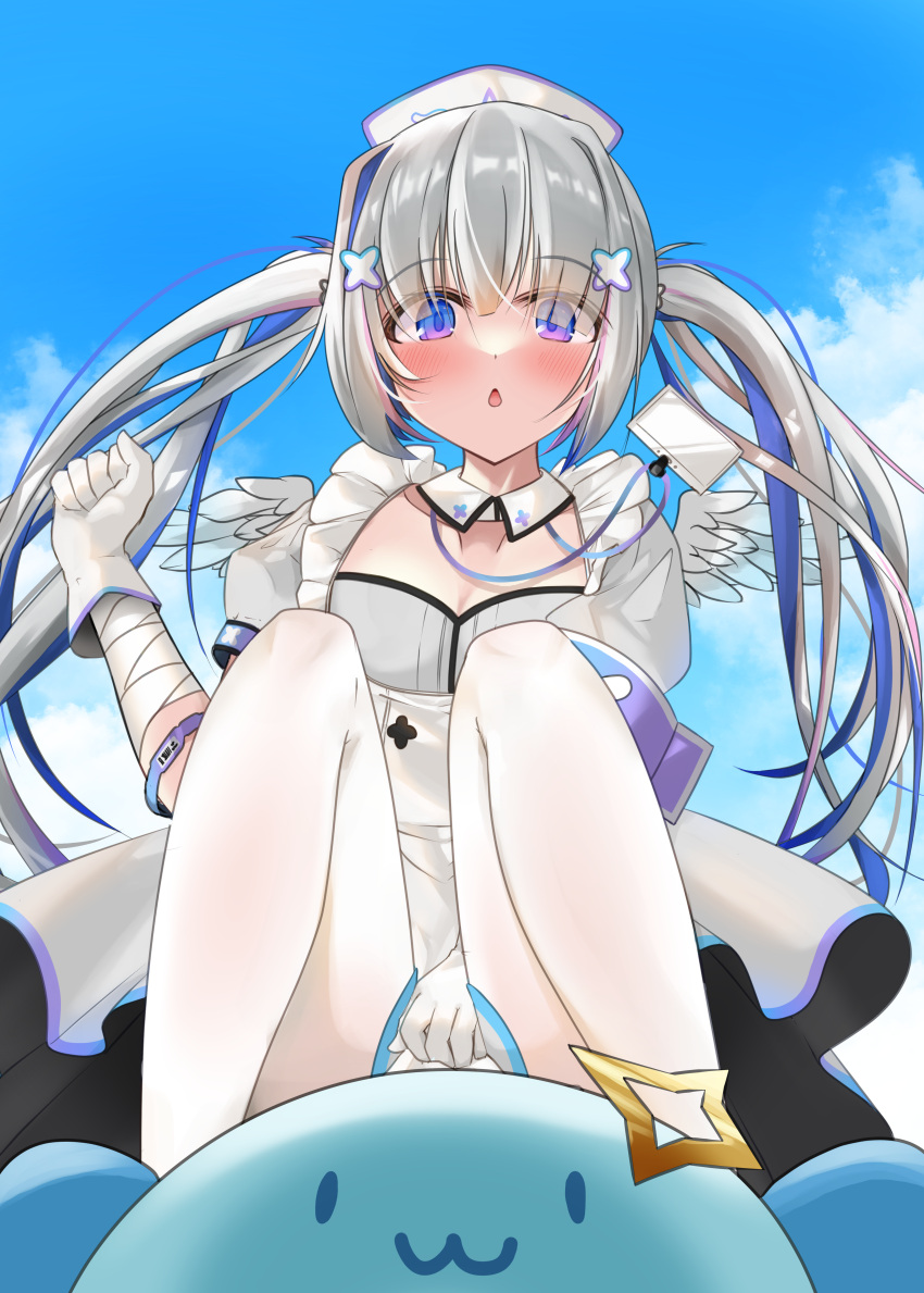 1girl absurdres amane_kanata amane_kanata_(nurse) angel angel_wings blue_hair blue_sky blush breasts cloud collar detached_collar dress gloves grey_hair hair_intakes hat highres hololive id_card looking_at_viewer nurse nurse_cap official_alternate_costume open_mouth pantyhose rate_mogyu sky small_breasts twintails upao_(amane_kanata) virtual_youtuber white_collar white_dress white_gloves white_headwear white_pantyhose wings