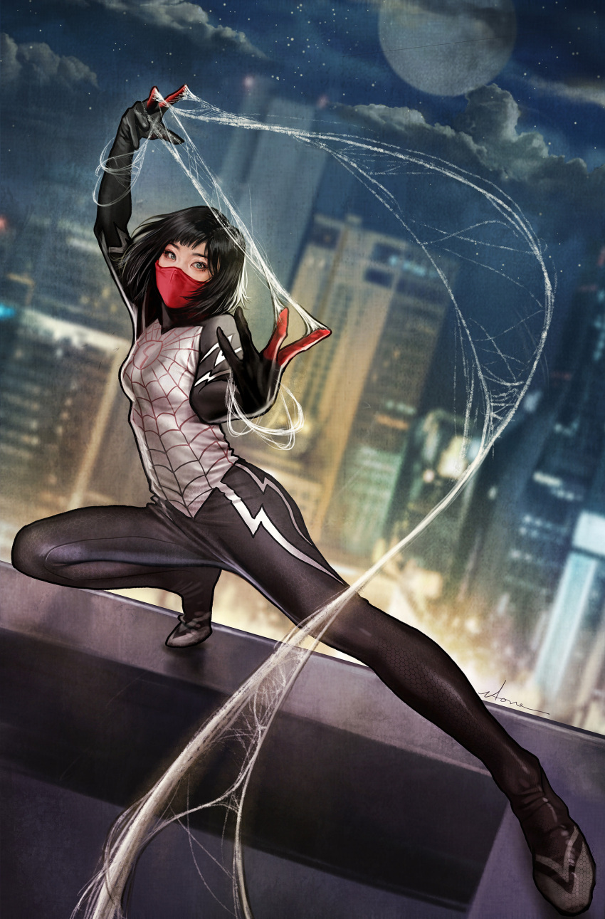 1girl absurdres black_bodysuit black_hair bodysuit cindy_moon cityscape cloud full_moon green_eyes grey_bodysuit highres jh-stone looking_at_viewer marvel moon night outdoors red_mask short_hair silk silk_(marvel) solo spider-man_(series) spider_web