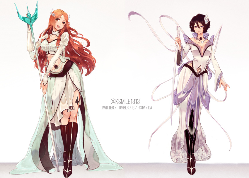 absurdres alternate_costume arrancar bangs black_footwear black_hair bleach bone boots breasts bridal_gauntlets brown_eyes cape dress english_commentary flower hair_between_eyes hair_flower hair_ornament highres holding holding_polearm holding_sword holding_weapon hole_on_body inoue_orihime katana knee_boots ksmile1313 kuchiki_rukia large_breasts leg_tattoo long_hair long_skirt long_sleeves looking_at_viewer number_tattoo off-shoulder_dress off_shoulder open_mouth orange_hair parted_bangs polearm purple_eyes shrug_(clothing) skirt small_breasts smile spear sword tattoo twitter_username waist_cape weapon white_cape white_dress white_skirt wide_sleeves
