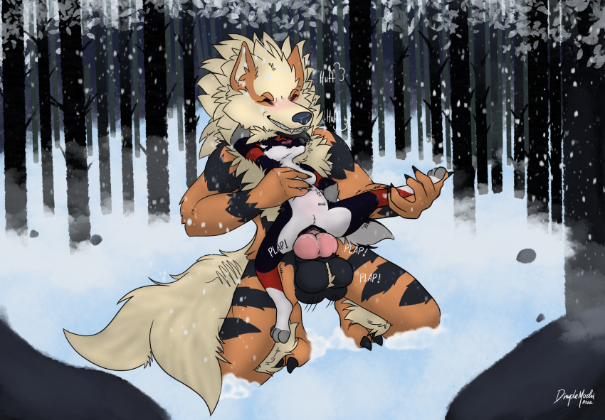 abdominal_bulge anthro arcanine big_dom_small_sub big_knot big_penis big_tail blush bodily_fluids breast_grab breasts breath cum cum_inside dick_bulge dimple_the_dalmatian dominant duo female fluffy fluffy_chest forest forest_background generation_1_pokemon genital_fluids genitals growling hand_on_breast hi_res hybrid interspecies knot knot_sitting laying_on_chest leg_hold male male/female male_holding_female nature nature_background neck_rub neck_tuft nexus_folfy nintendo panting penis plant plap plap_(sound) pokemon pokemon_(species) pokephilia pussy_juice raised_leg sex size_difference size_play smaller_female snow spread_legs spreading tail tail_motion tailwag tree tuft wet winter